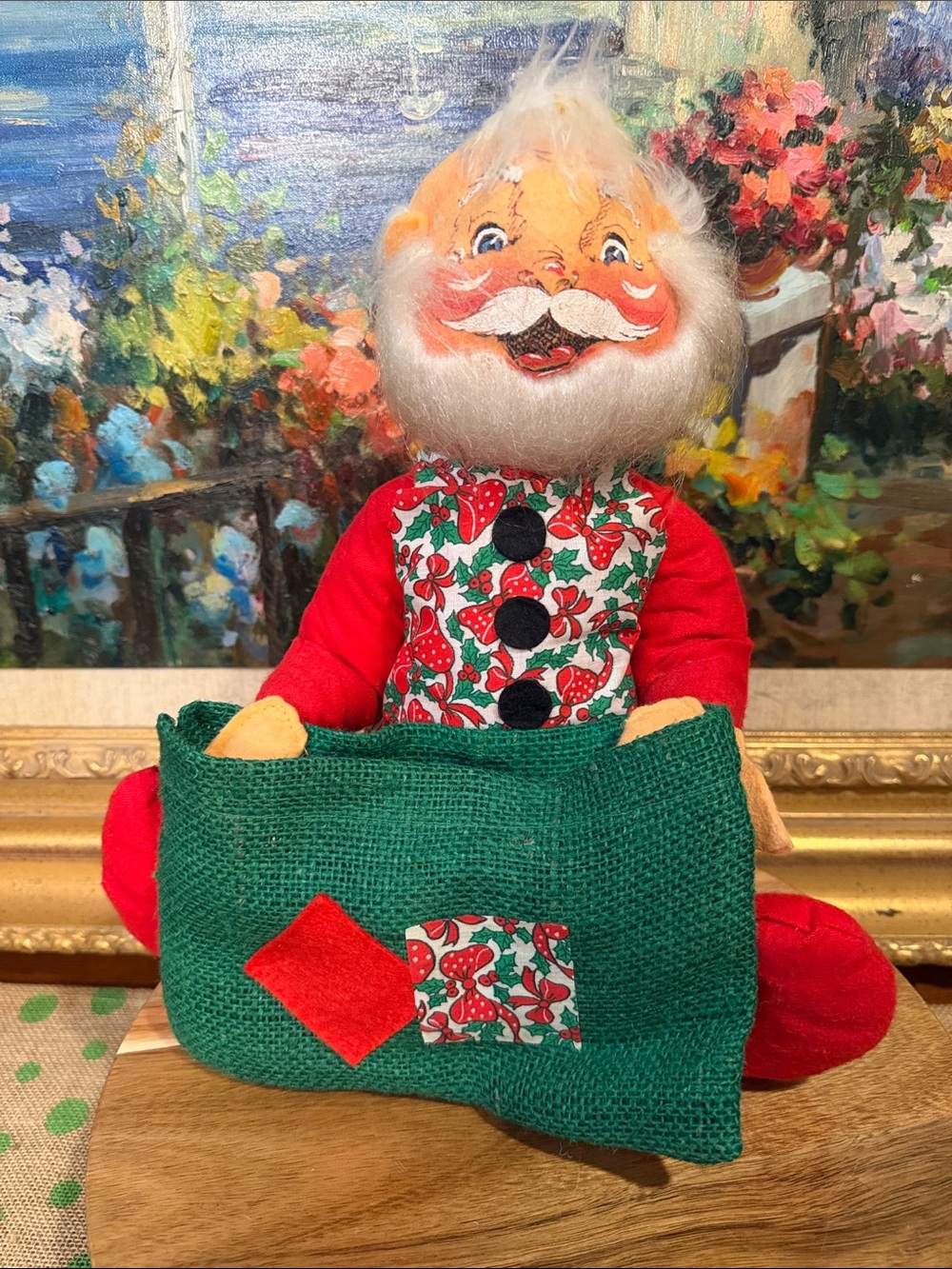 Vintage Annalee Santa Doll with Green Burlap Sack